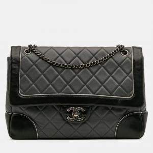 مملوكة مسبقًا Chanel Black Grey Paris Salzburg Jumbo Bicolor Quilted Lambskin Tyrolean Flap
