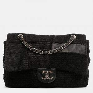 Pre Owned Chanel Black Jumbo Patchwork Tweed Flap