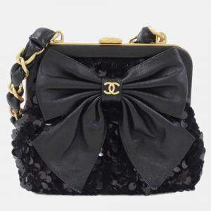 Pre Owned Chanel Bow Black Tweed and Spangles Clutch Bag