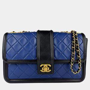 Pre Owned Chanel Elegant Flap Blue Black Leather Shoulder Bag