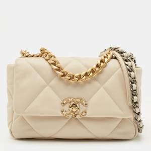 Pre Owned Chanel Light Beige Quilted Leather Small 19 Flap Bag