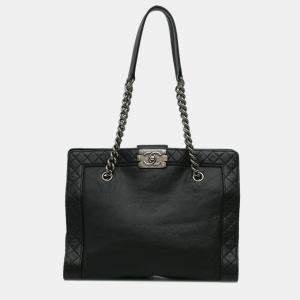 Pre Owned Chanel Black Medium Calfskin Boy Reverso Shopping Tote