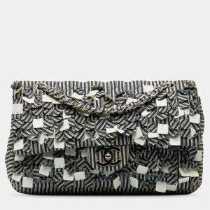 Pre Owned Chanel Blue Medium Cotton Striped Double Flap