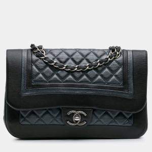 Pre Owned Chanel Black Blue Medium Bicolor Quilted Calfskin Flap
