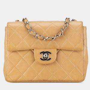 Pre Owned Chanel Brown Mini Square Classic Lambskin Single Flap