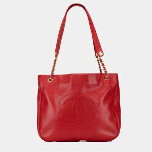 Pre Owned Chanel Red CC Caviar Chain Tote