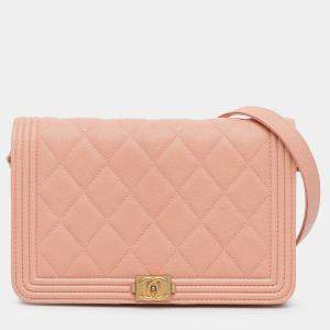 Pre Owned Chanel Pink Quilted Caviar Boy Wallet on Chain