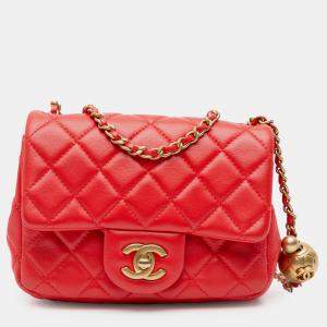 Chanel Red Mini Square Classic Lambskin Pearl Crush Single Flap