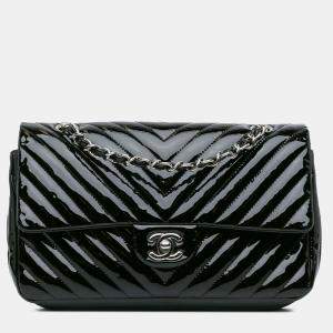 Chanel Black Medium Classic Chevron Patent Double Flap