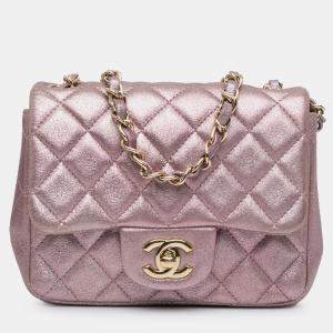 Chanel Pink Mini Square Classic Metallic Calfskin Single Flap