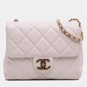 Chanel White CC Quilted Aged Calfskin Accordion Flap