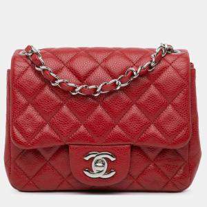 Chanel Red Mini Square Classic Caviar Single Flap