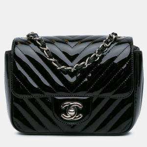 Pre Owned Chanel Black Mini Square Classic Chevron Patent Flap