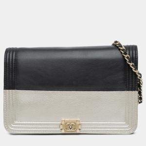 Chanel Black Silver Bicolor Calfskin Boy Wallet On Chain