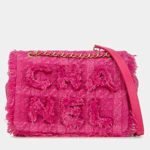 Pre Owned Chanel Pink Wool Tweed Giant Logo Flap