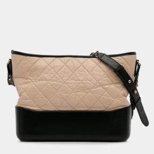 Pre Owned Chanel Beige Black Medium Bicolor Lambskin Gabrielle Crossbody