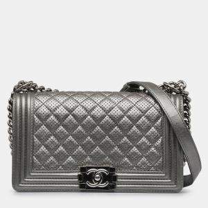 Pre Owned Chanel Grey Old Medium Quilted Perforated Metallic Lambskin Boy Flap