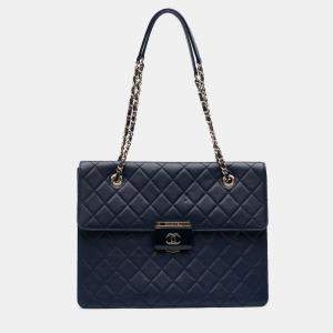 Pre Owned Chanel Navy Blue Quilted Sheepskin Beauty Lock Shopping Tote