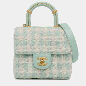 Pre Owned Chanel Blue Quilted Tweed Crush Top Handle Bag