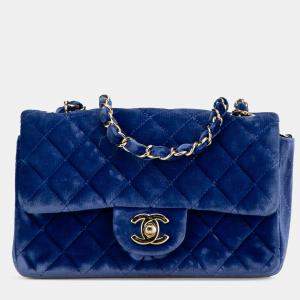 Chanel Blue Mini Rectangular Classic Velvet Single Flap