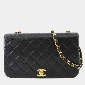 Pre Owned Chanel Full Flap Turnlock Black Leather Shoulder Bag