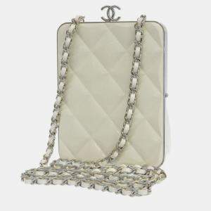 Pre Owned Chanel CC White Lambskin Quilted Evening Clutch With Chain