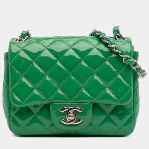 Pre Owned Chanel Green Mini Square Classic Patent Single Flap