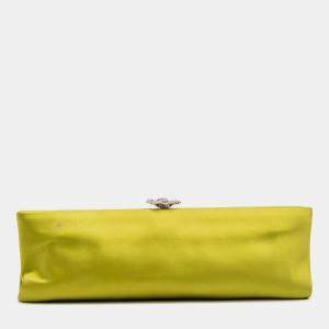Pre Owned Chanel Green Satin Crystal Camellia Evening Frame Clutch