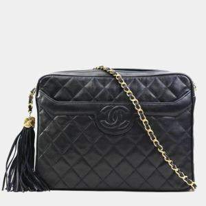 Pre Owned Chanel Quilted Tassel Black Gold Shoulder Bag