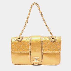 Pre Owned Chanel Matelasse Line Shoulder Bag Patent Leather Gold