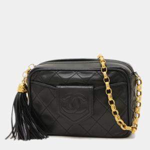Pre Owned Chanel Coco Mark Black Gold Lambskin Tassel Chain Shoulder Bag