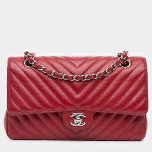 Pre Owned Chanel Red Medium Classic Chevron Caviar Double Flap