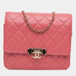 Pre Owned Chanel Pink Quilted Caviar Golden Class Wallet On Chain