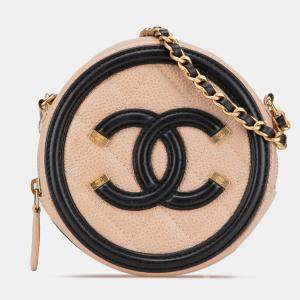 Pre Owned Chanel Beige Black Caviar CC Filigree Round Crossbody
