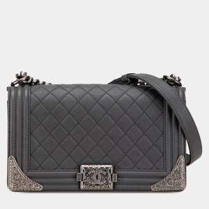 Pre Owned Chanel Grey Paris-Dallas Old Medium Quilted Calfskin Cowboy Boy Flap