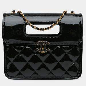 Pre Owned Chanel Black Mini Quilted Patent Graphic Catch Flap
