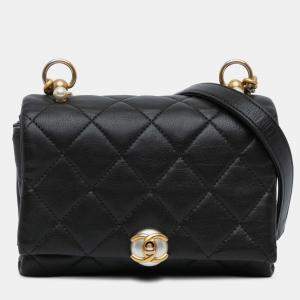 Pre Owned Chanel Black Mini Quilted Calfskin Pearl CC Accordion Flap