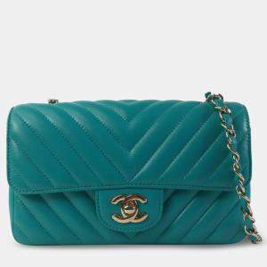 Chanel Green Mini Rectangular Chevron Lambskin Single Flap
