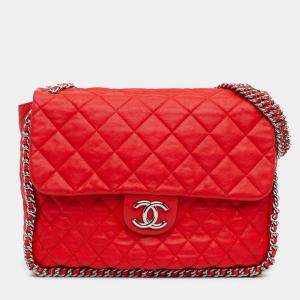 Chanel Red Maxi Washed Lambskin Chain Around Flap