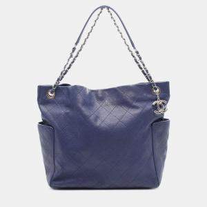 Chanel Blue CC Quilted Caviar Side Pocket Tote