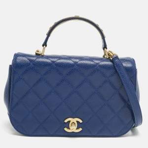 Pre Owned Chanel Blue Quilted Caviar Leather Carry Around Flap Bag 