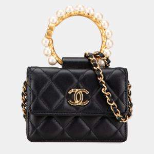 Pre Owned Chanel Black Quilted Lambskin Pearl Crown Clutch On Chain