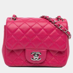 Pre Owned Chanel Pink Mini Square Classic Lambskin Single Flap