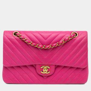 Pre Owned Chanel Pink Medium Classic Chevron Lambskin Double Flap