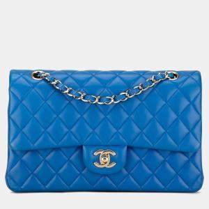 Pre Owned Chanel Blue Medium Classic Lambskin Double Flap