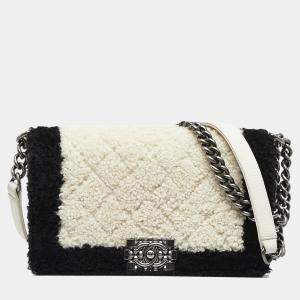 Pre Owned Chanel White Old Medium Bicolor Shearling Boy Flap