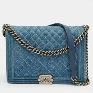 Pre Owned Chanel Blue Quilted Denim Large Boy Flap Bag