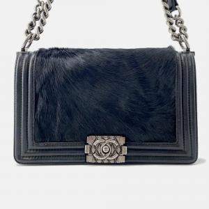 Pre Owned Chanel Boy Chanel Chain shoulder Bag Black Leather Fur Size 25