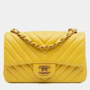 Pre Owned Chanel Yellow Mini Rectangular Classic Chevron Lambskin Single Flap