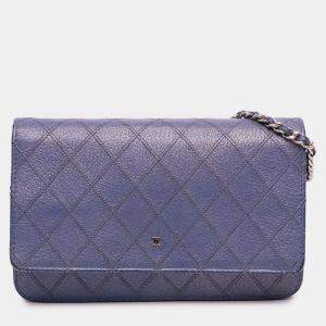 Pre Owned Chanel Blue CC Calfskin Double Stitched Wallet on Chain